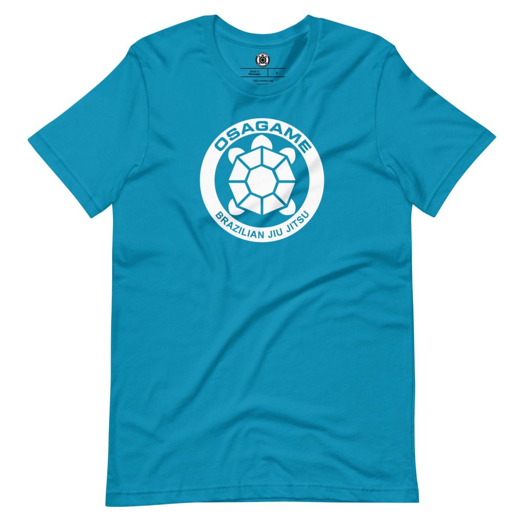 osagame BJJ classic t-shirt white on aqua front wrinkled